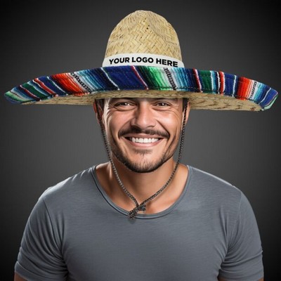 Large Natural Straw Sombrero with Serape Trim w/White Band